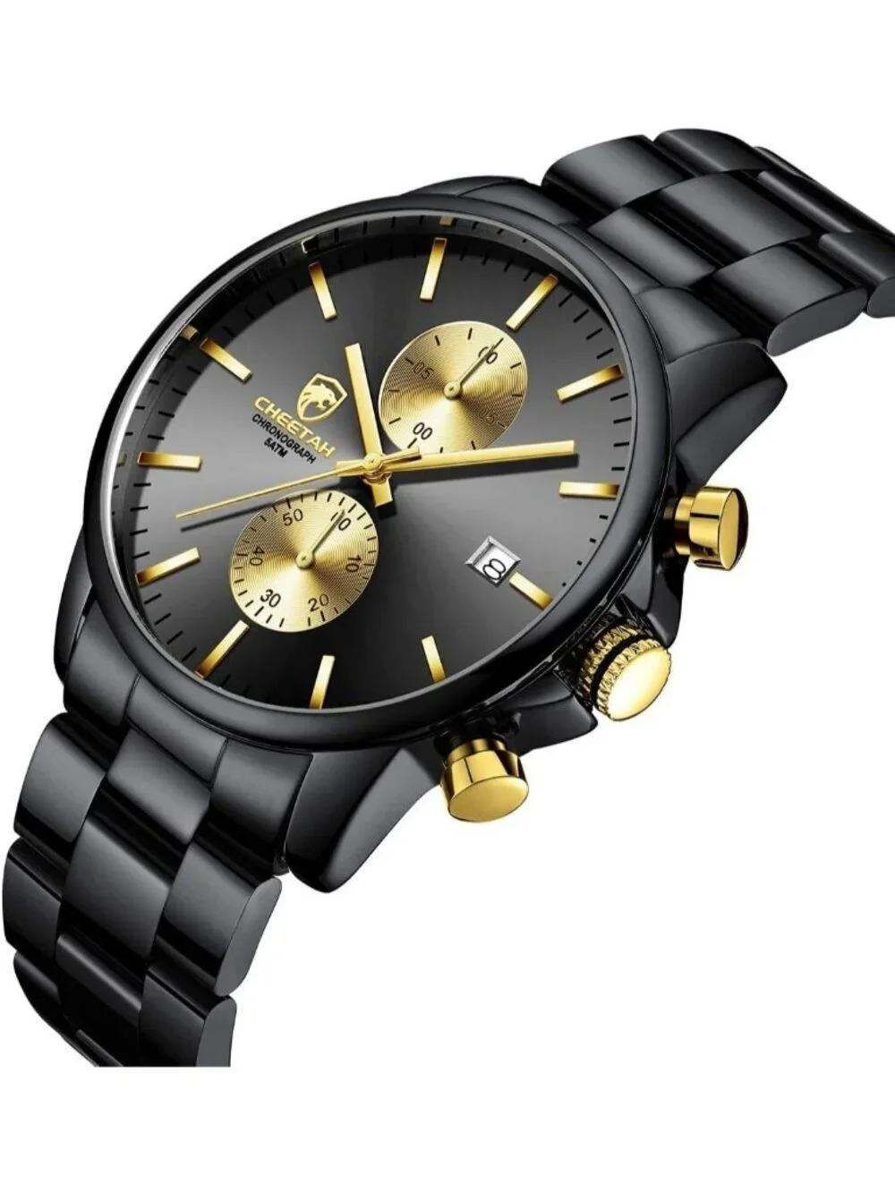 Men's Black And Gold Face Stainless Steel Waterproof Chronograph Quartz Watch